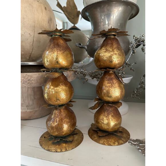 Vintage Gold Leaf Gilded Pear Candle Holders centerpiece set 2 fall decor 11x4” - Picture 2 of 11